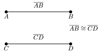 Two congruent line segments, AB and CD, are shown. Each has a single tick mark to indicate they are of equal length.